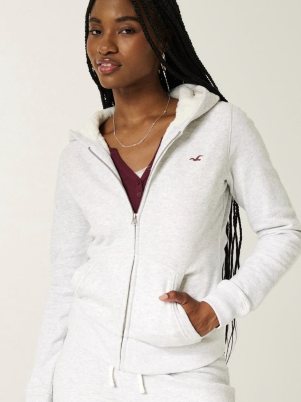 Hollister Light Gray Full-Zip Hoodie with Contrast Logo